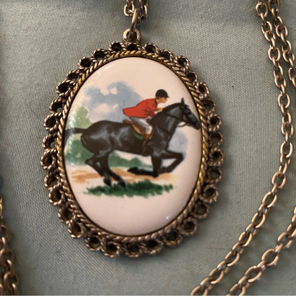 Equestrian Jockey On Horse Enamel Necklace Pendant 26” Chain Western Cowgirl